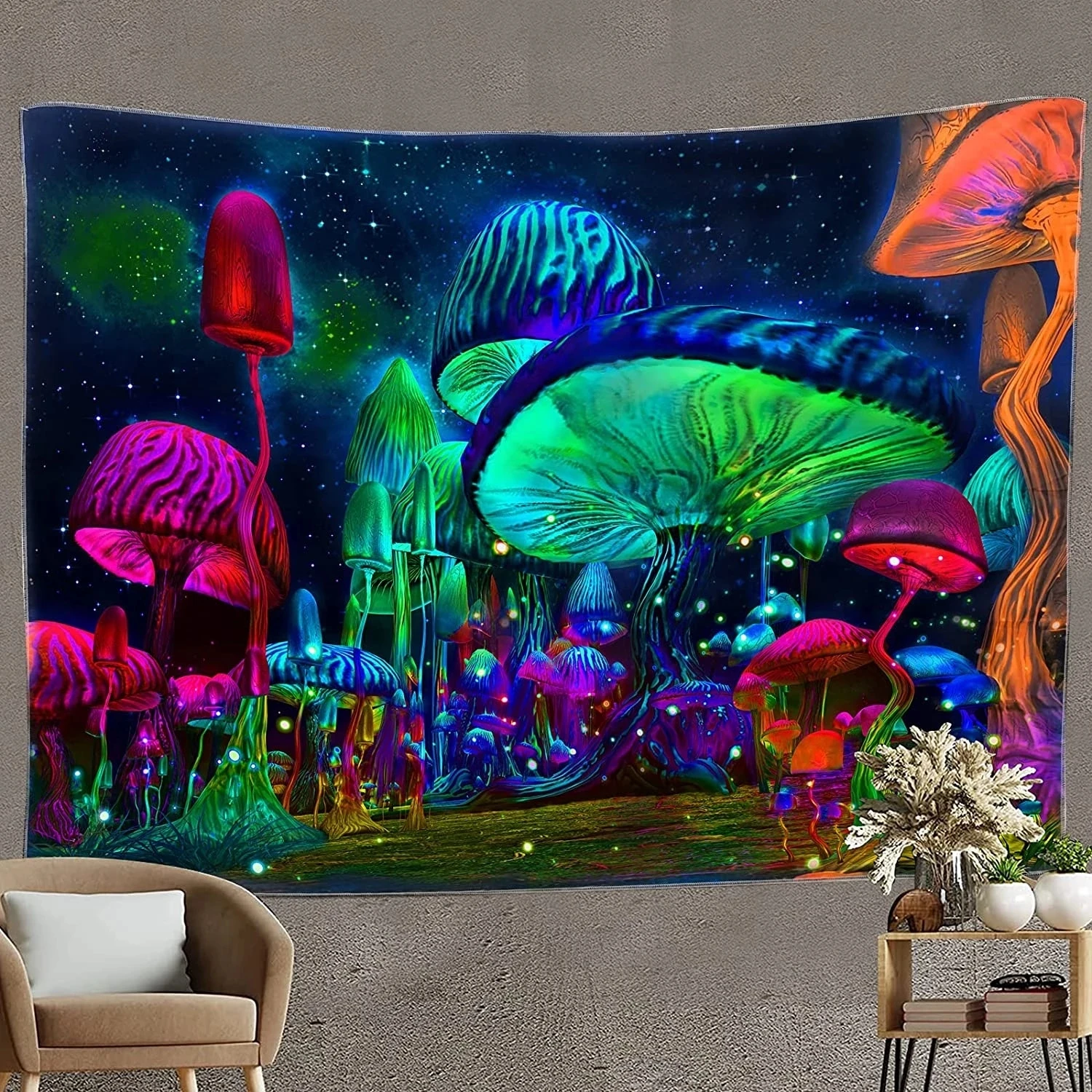 Tapestry Decorations Bedroom Mushroom Tapestry Psychedelic Tapestry Fantasy Plant Starry Night Wall Mounted Black Light Poster For Room Home