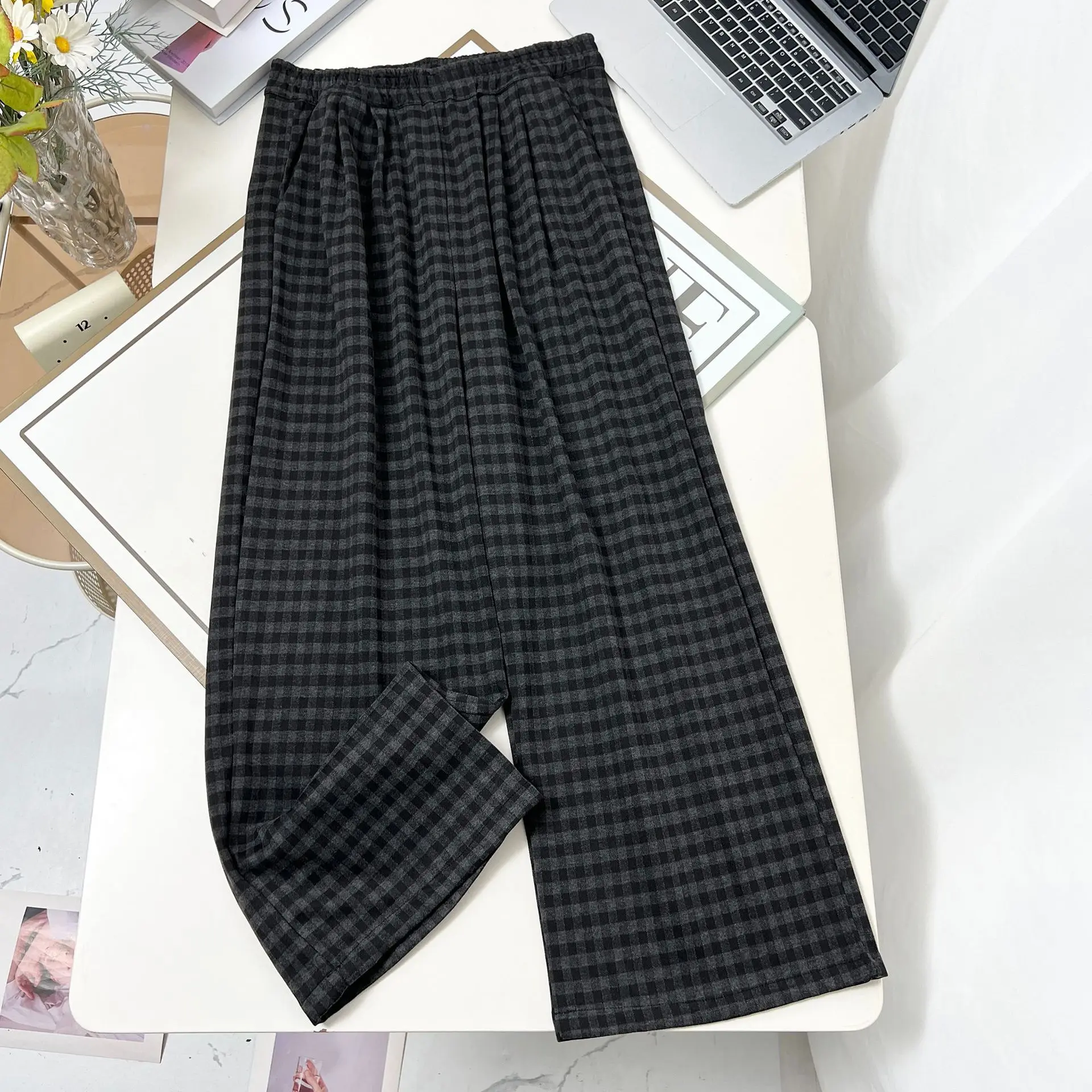 XXXXL Fashion Plus Size Women's Straight Pants New Autumn Simple Style Wide Leg Casual Plaid wide leg Trousers