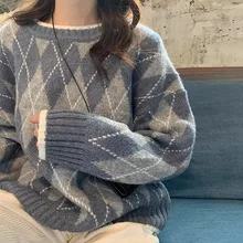

2021 New Sweater Women Vintage Japanese Style New Winter Thick Coat Diamond Knit Pullover Outer Wear Sweater Female
