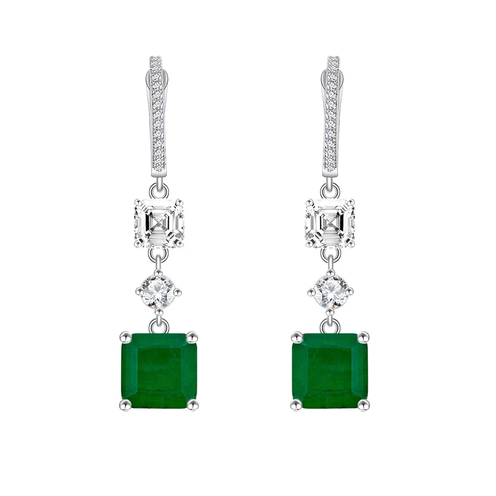 

Fashionable and Versatile 9 * Square Chamfered Simulation Emerald Earrings S25 Silver 2.3 Carat Gemstone