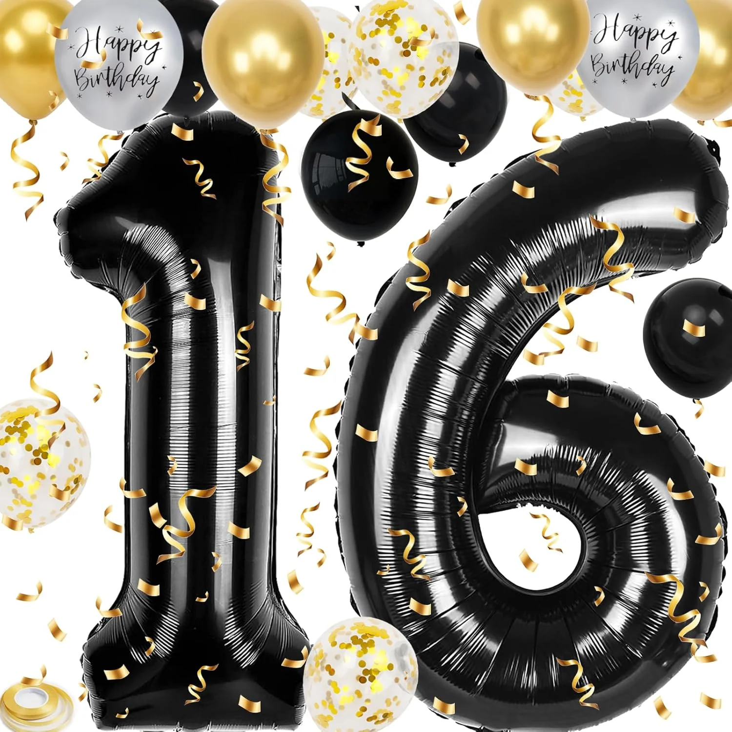 40 Zoll Schwarze Große Zahlen 16/18/21/30/40/50/60 Jahre Set mit Glitzer-Latexballons für Erwachsene Männer Geburtstagsdekoration – Detail 13