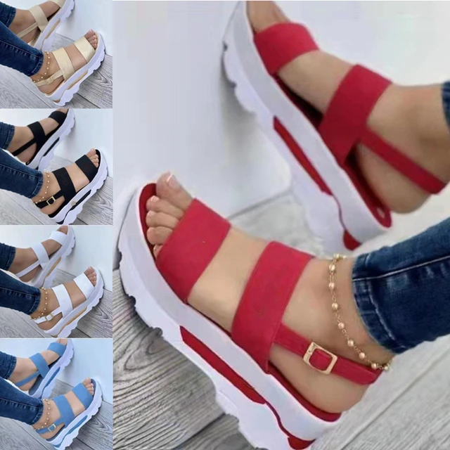 2021 Summer Women's Sandals High Quality Pu Leather Comfortable Beach Shoes  5cm Heel Height Wedges Pink Flower Footwear Chunky - Women's Sandals -  AliExpress