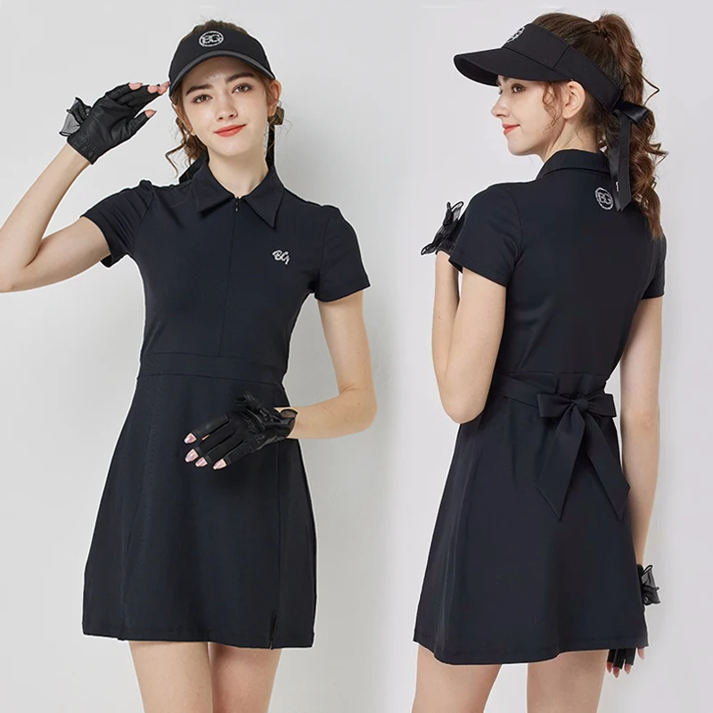 BLKTEE Golf Women Dress Short Sleeve Breathable Slim Waist Polo Shirt Dresses Zipper Half Length Skirt Ladies Golf Clothing