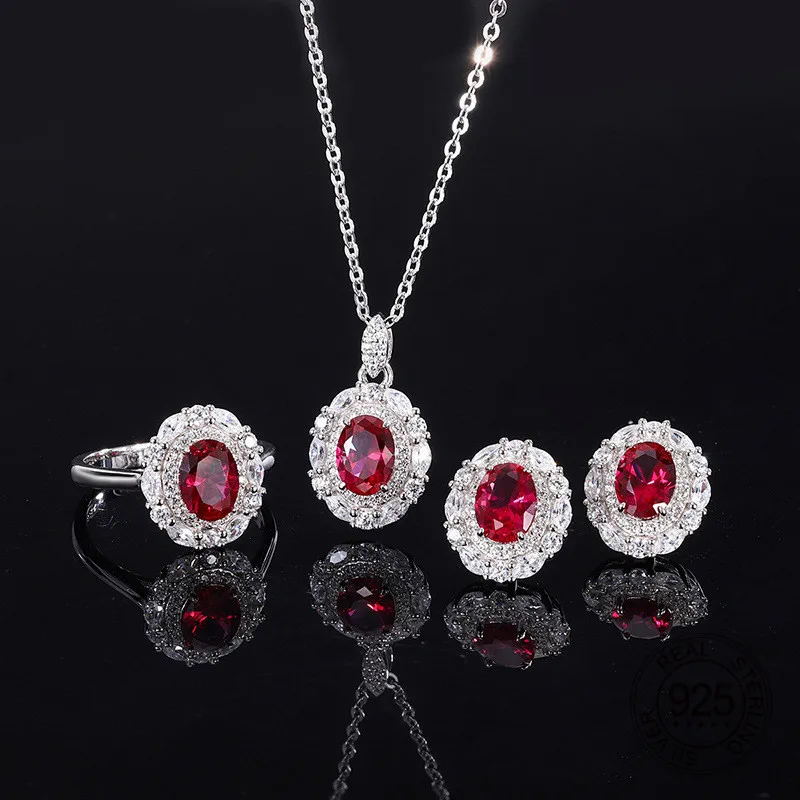 

6x8mm Oval Shape Red Ruby Mirco Pave Cubic Zircon Pendant Necklace Stud Earrings Ring 925 Sterling Silver Jewelry Set