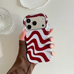 Glossy Wave Pattern Protective Case with Curly Edge and Shockproof Design - iPhone 15 (White Red)