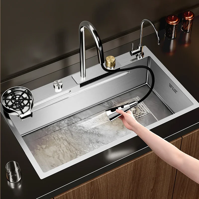 Nano 304 Stainless Steel Sink Waterfall Large Single Slot Kitchen Sink Vegetable Stainless Steel Household Sink 3