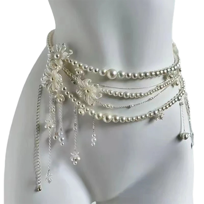 Pearl Waist Chain Multi-Layer Flower Tassel Gift for Women and Girls