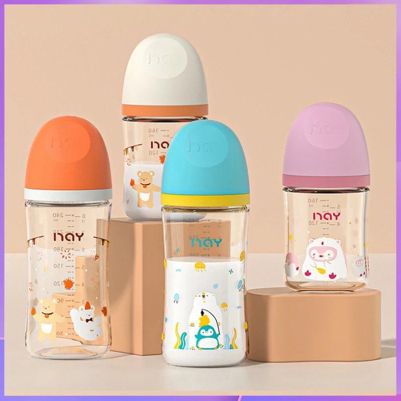 Colorful cartoon baby anti choking glass bottle 160ml 240ml for 0-3 month