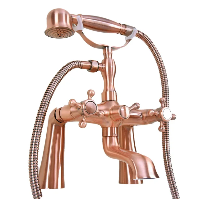 Deck Mount Claw-foot Bathtub Faucet Tub Filler Handheld Shower Antique Red Copper Brass Dual Cross Handles ana159 6