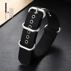 Army Green Canvas Nylon Watchband with Silver Ring Clasp - Durable Sport Strap - 22mm (Black)