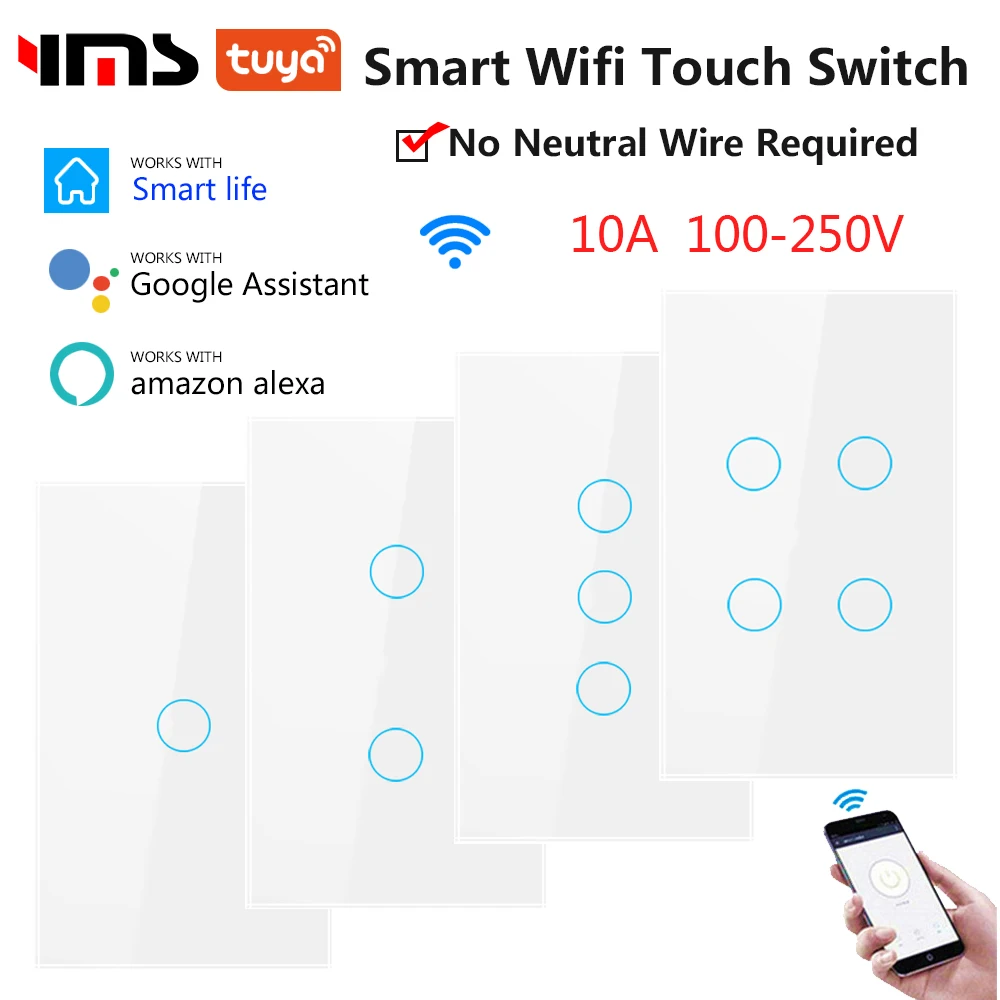 

Tuya Wifi Smart Switch No Neutral Smart Light Touch Switch 1/2/3/4 Gang Wireless Wall Switch Glass Panel Alexa Google Home 220V