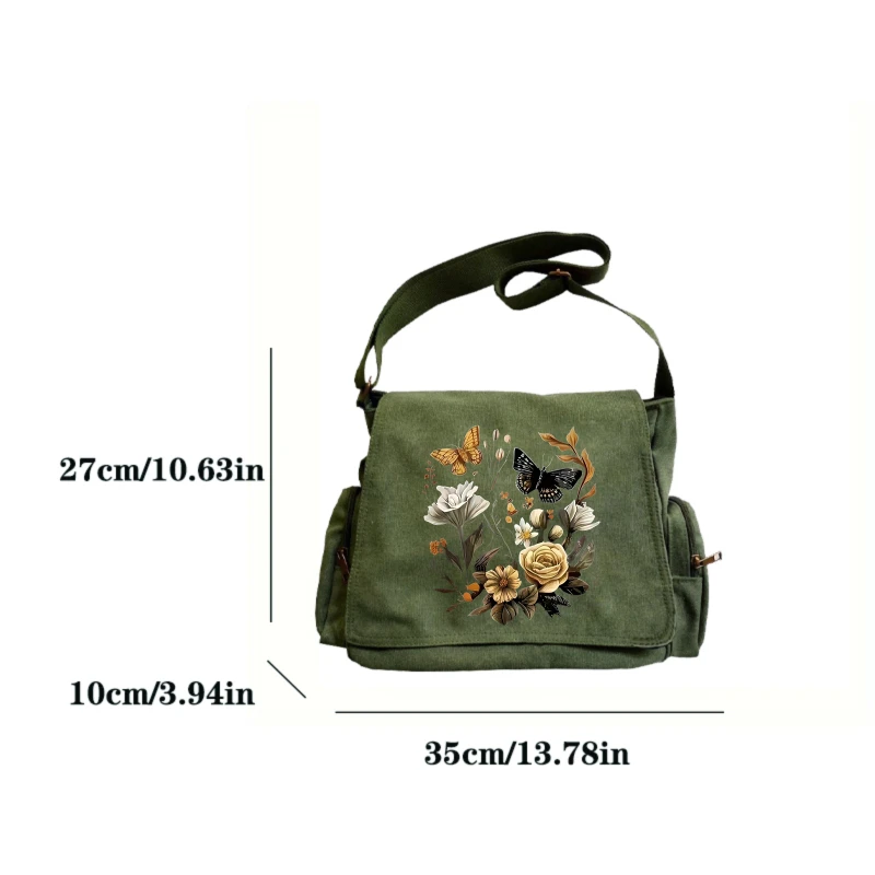 Artistic Women's Crossbody Bag Floral Butterfly Print Canvas Shoulder Bag Large Capacity Messenger Bag