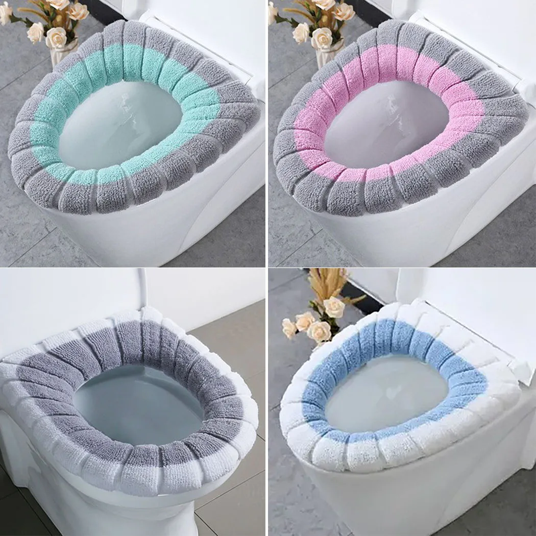 Toilet Seat Cover 1Pcs Bathroom Toilet Seat Cover Mat Washable Warmer Bathroom Toilet Cushion With Handle Thicker Soft Knitting Closestool Pad