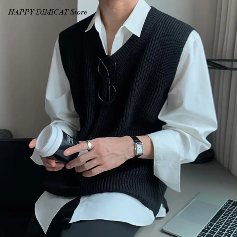 Men's Knitting Pullovers Sleeveless Korean Style Fashion Chic Solid Color Top Autumn New Loose V-neck Vests Male Tide