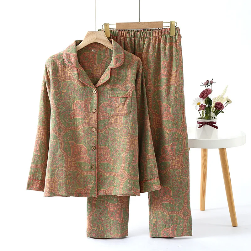 Ethnic Style Print Pajamas for Women 2 Pieces Outfit Loungewear Night Clothes Spring Autumn Long Sleeve Sleepwear Women's Cotton women pajamas set,women pajama suit,cotton pajamas set