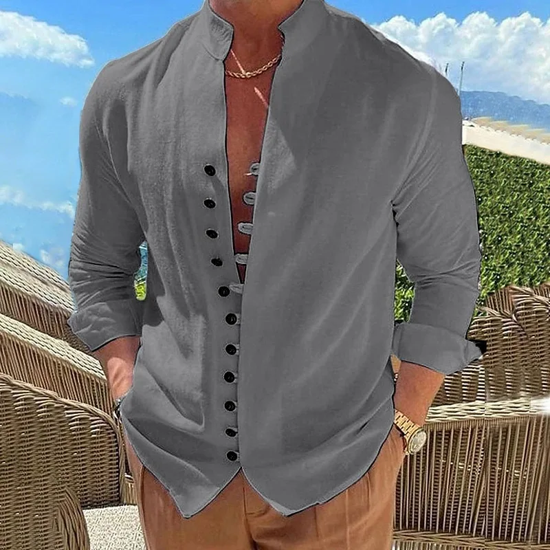 New Style Men's Fall 11 Button Stand Collar Casual Long Sleeve Shirt Trend Retro Cotton Hemp High Quality Fashion Loose Single B 7