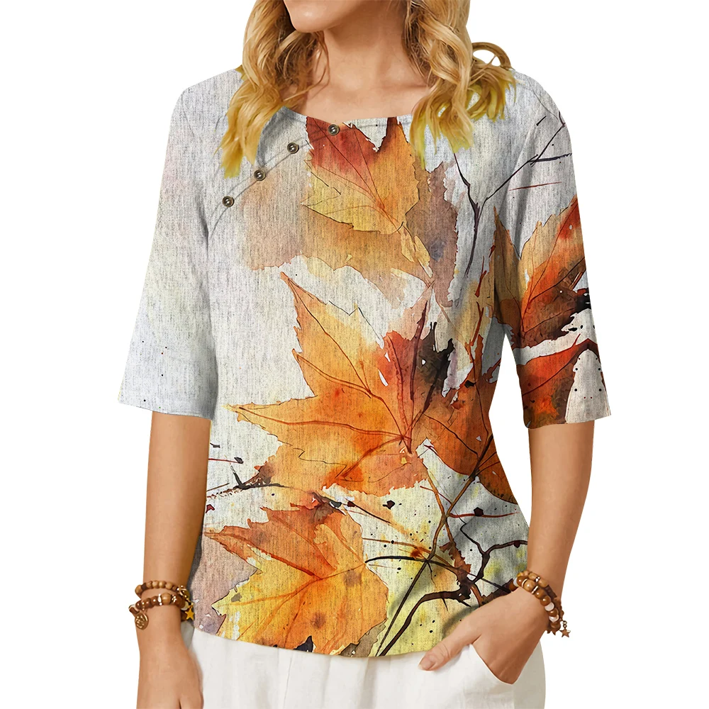 

CLOOCL Women T-shirt Autumn Maple Leaves Pattern 3D Printed Tees Button Decorate Loose Middle Sleeve Tops Female Clothes