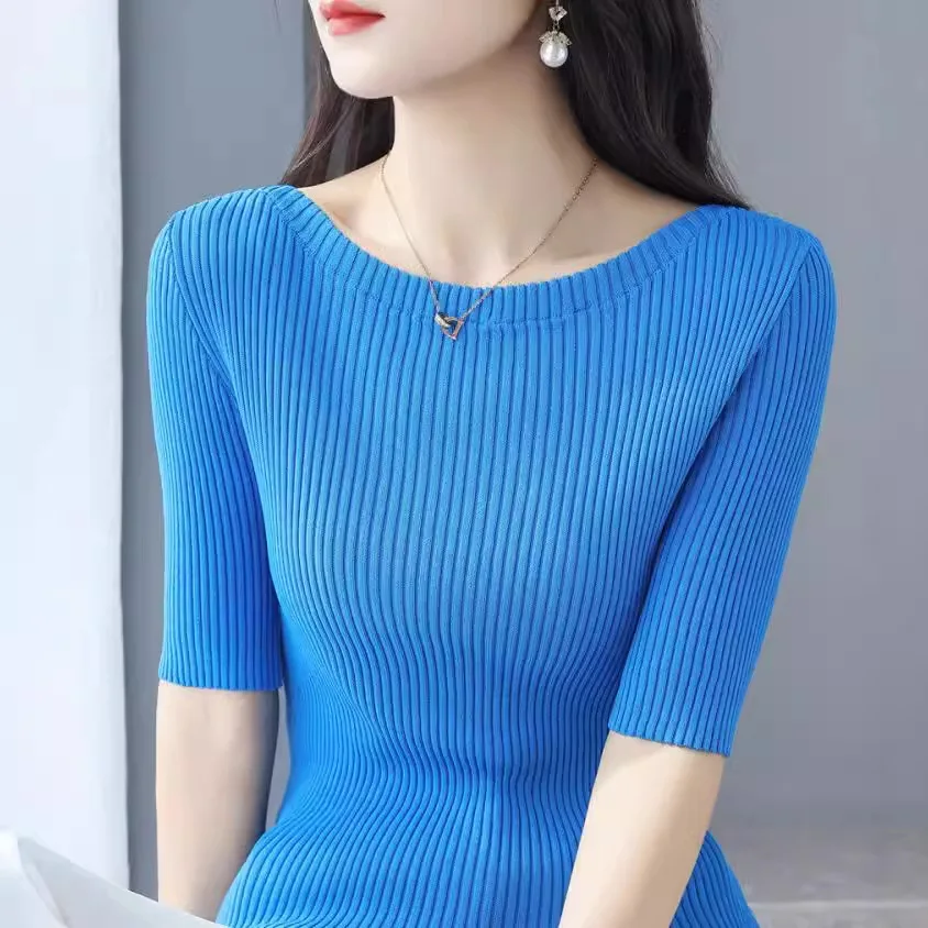 Women Short Sleeve Slim Knitted Pullover Sweater Top