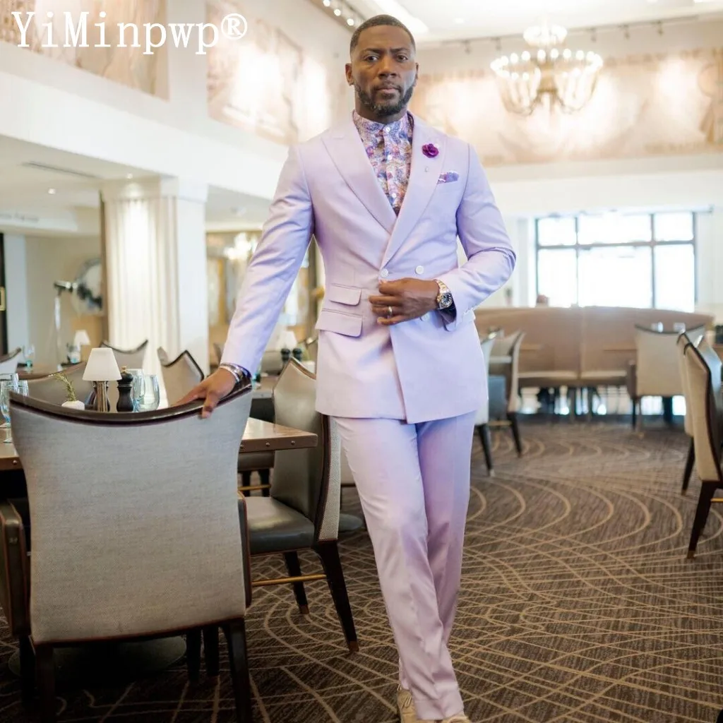 

New Lilac Suits for Men 2 Pieces Peaked Lapel Double Breated Wedding Party Mens Dress Blazer Sets Jacket+Pants