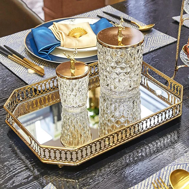 Bandeja organizadora de cristal dorado de lujo, plato para servir Perfume y  postre, decoración del hogar - AliExpress