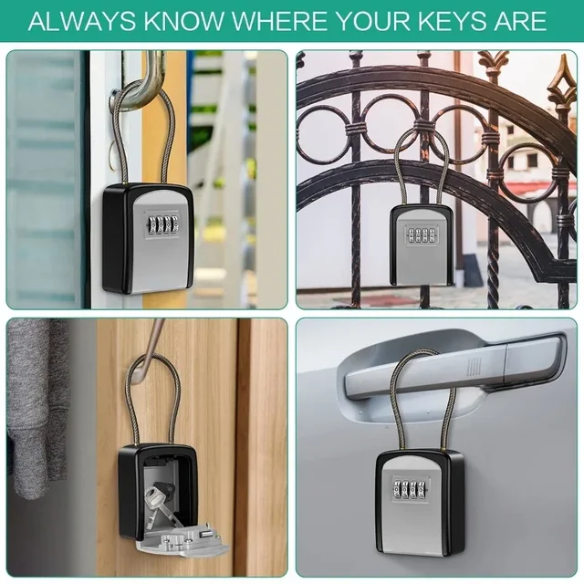 4 Digit Code Box Free Installation Outdoor Password Key Box Extended Locking Hook Steel Wire Hanging Key Storage Waterproof Key 4