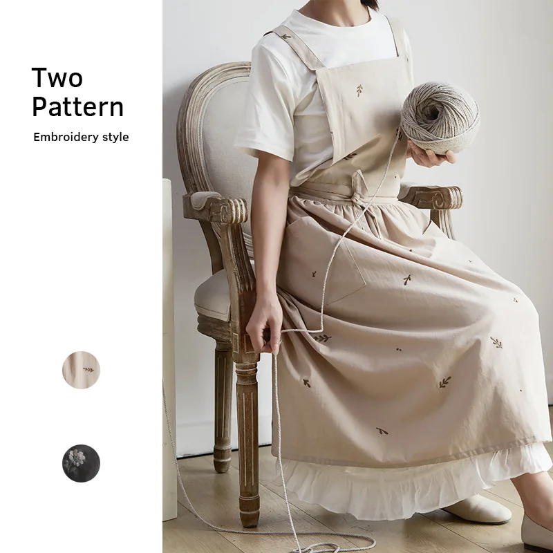 Embroidered Cotton Pinafore Apron Dress with Pockets