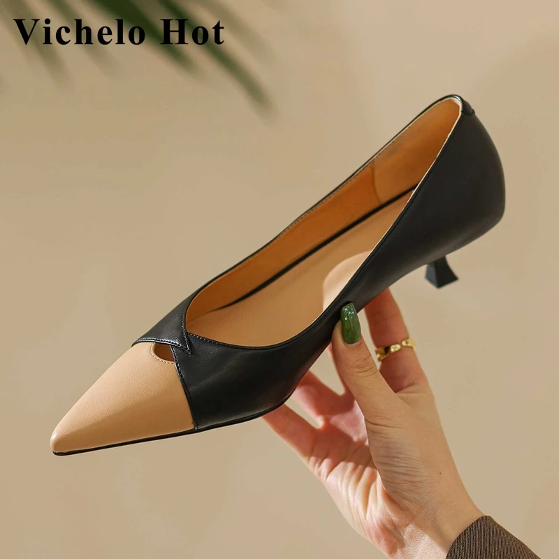 

Vichelo Hot large size pointed toe med heel mixed colors young lady mature elegant shallow slip on spring new women pumps L13