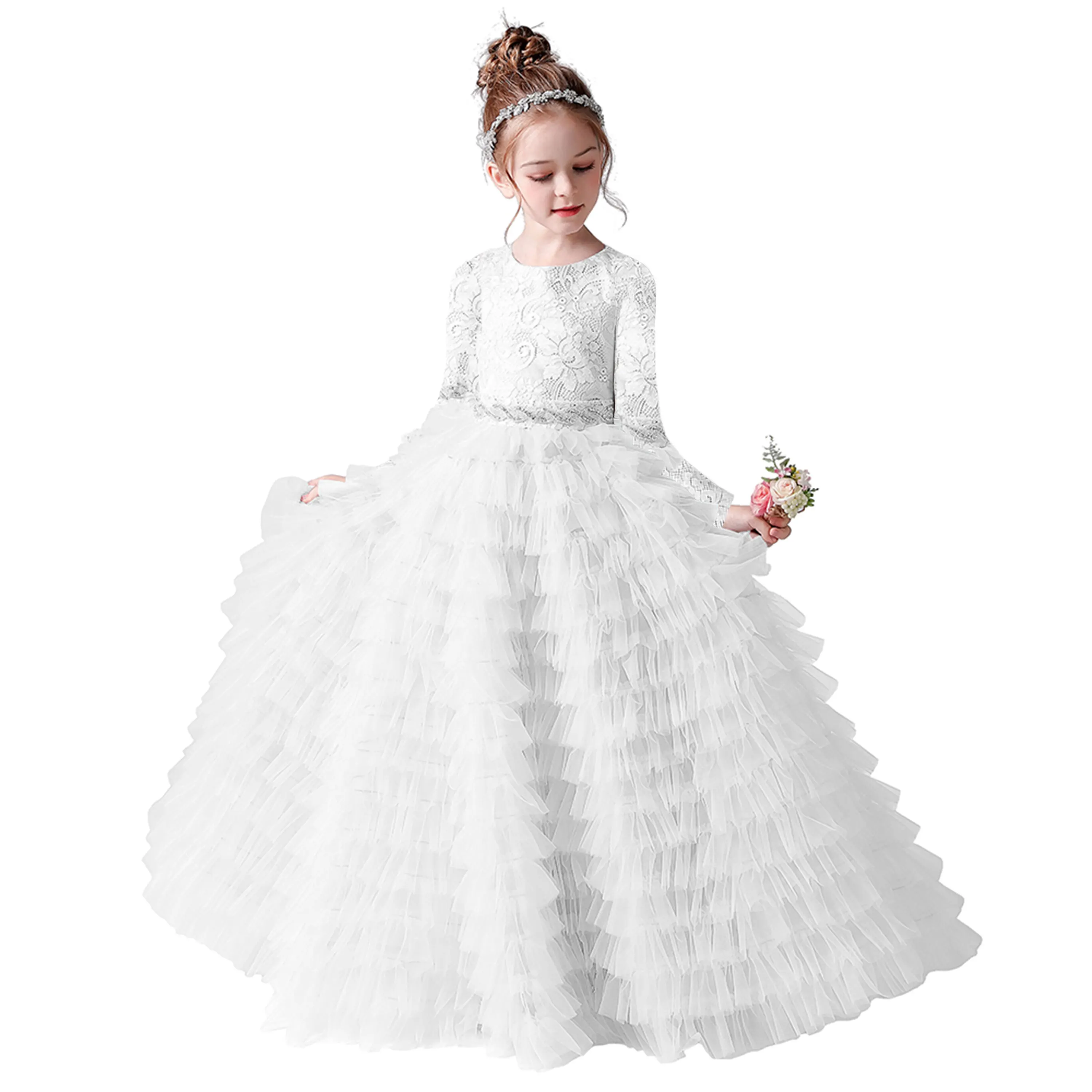 Dideyttawl Grey Long Sleeves Princess Dress For Girls 2024 Lace Tulle Junior Concert Gown For Banquet Formal Party Winter