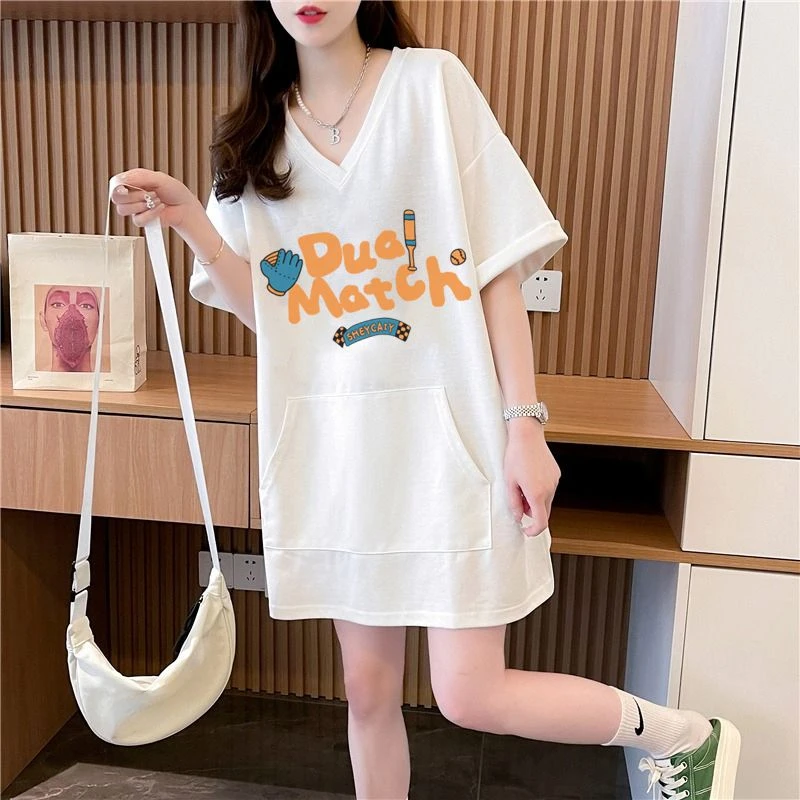 

DAYIFUN Women Split V-neck Design T-shirts Cotton Short Sleeve Print Tshirts with Pocket Lady Summer 2024 Korean Loose Tops Tees