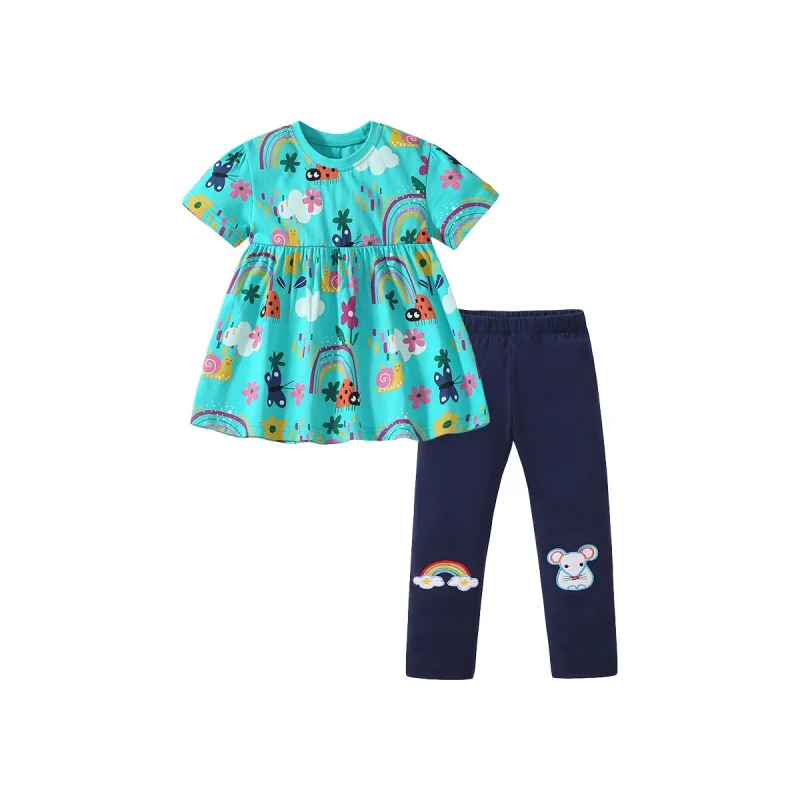 

2024Summer Girls' Short-Sleeved Skirt Suit Children's Printed Two-Piece Suit Cartoon Children's ClothingBaist