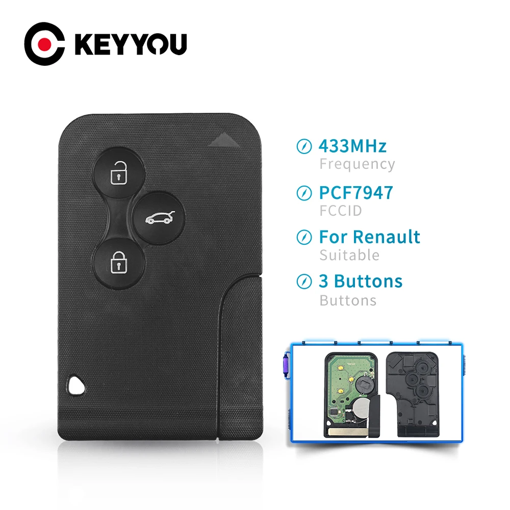 Renault Clio Logan Megane 2 3 Scenic car key KEYYOU ID46 PCF7947 Chip 3 Buttons 433Mhz Smart Card Emergency Insert