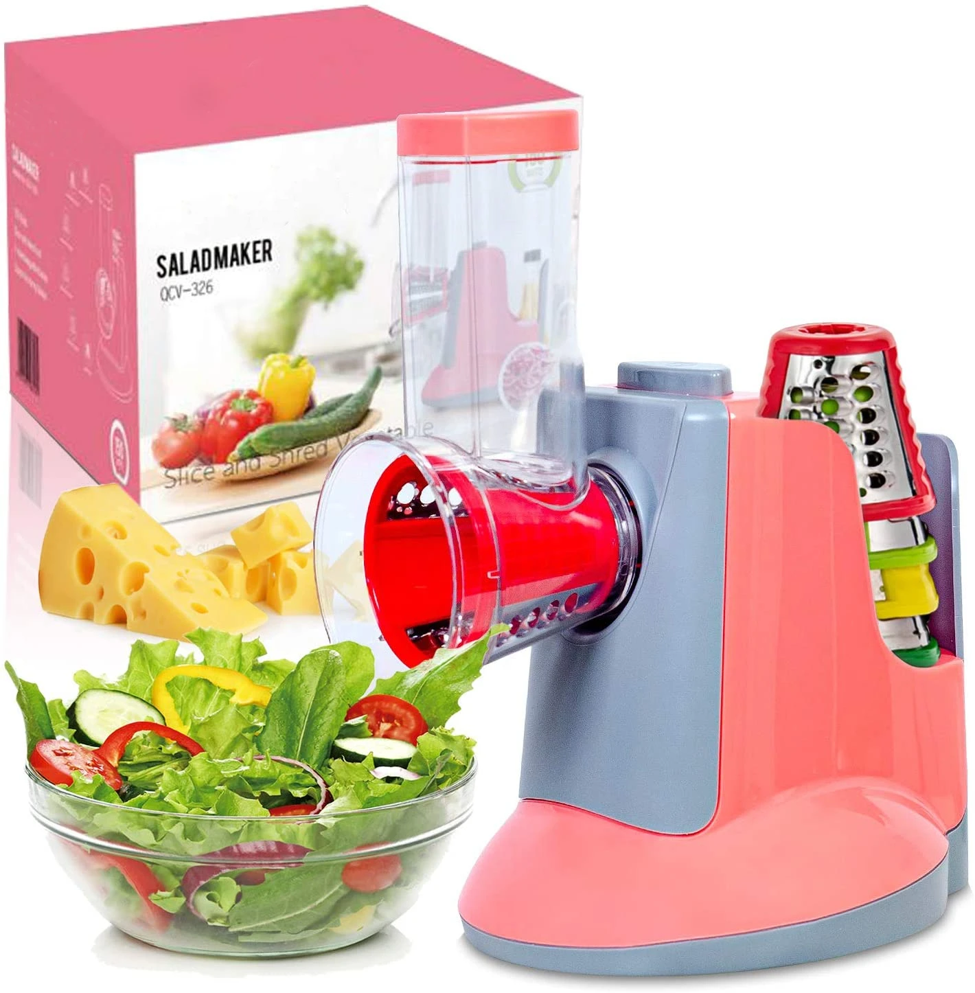 Electric Cheese Grater,Professional Electric Slicer Shredder,150W 4 in 1  Electric Salad Machine for Fruits, Vegetables, Cheeses, Salad Maker with 4  Free Attachments for Home Kitchen Use - Coupon Codes, Promo Codes, Daily