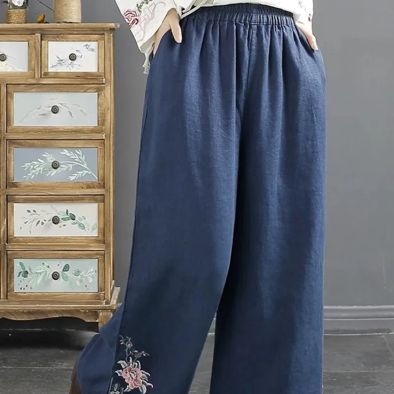 Literary and Artistic Chinese Style Retro Heavy Embroidery Women's Spring New Pocket Loose Cotton and Linen Straight Tube Pants