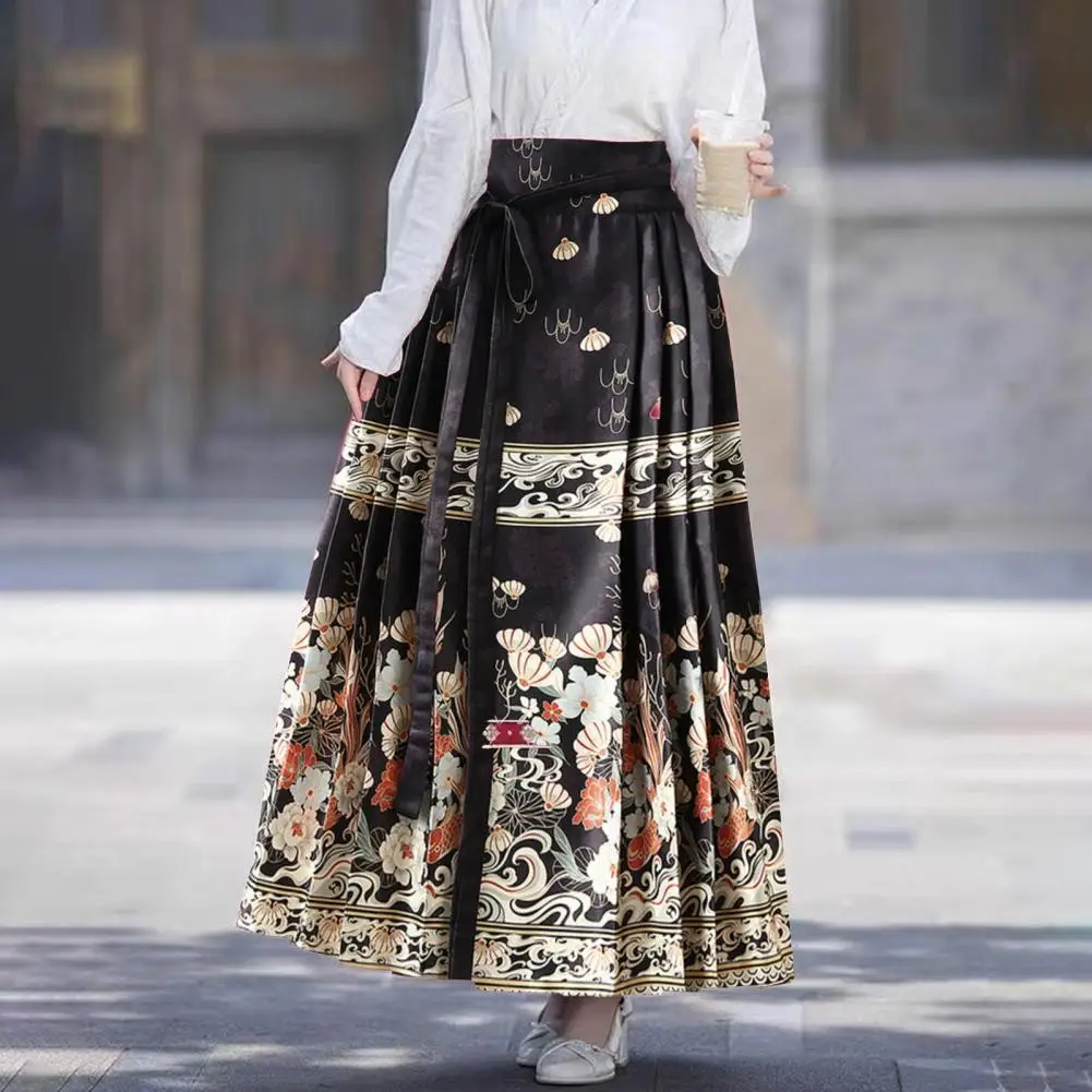 Chinese Skirt Elegant Vintage Ming Style Women's Maxi Skirt with Floral Print High Waist Chinese Hanfu Pleated Horse for Women horse print