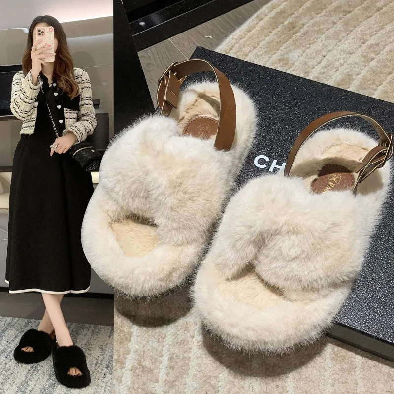 

Новинка 2023, осенне-зимние плюшевые тапочки для женщин, верхняя одежда, хлопковые сандалии, модные плюшевые однотонные Тапочки