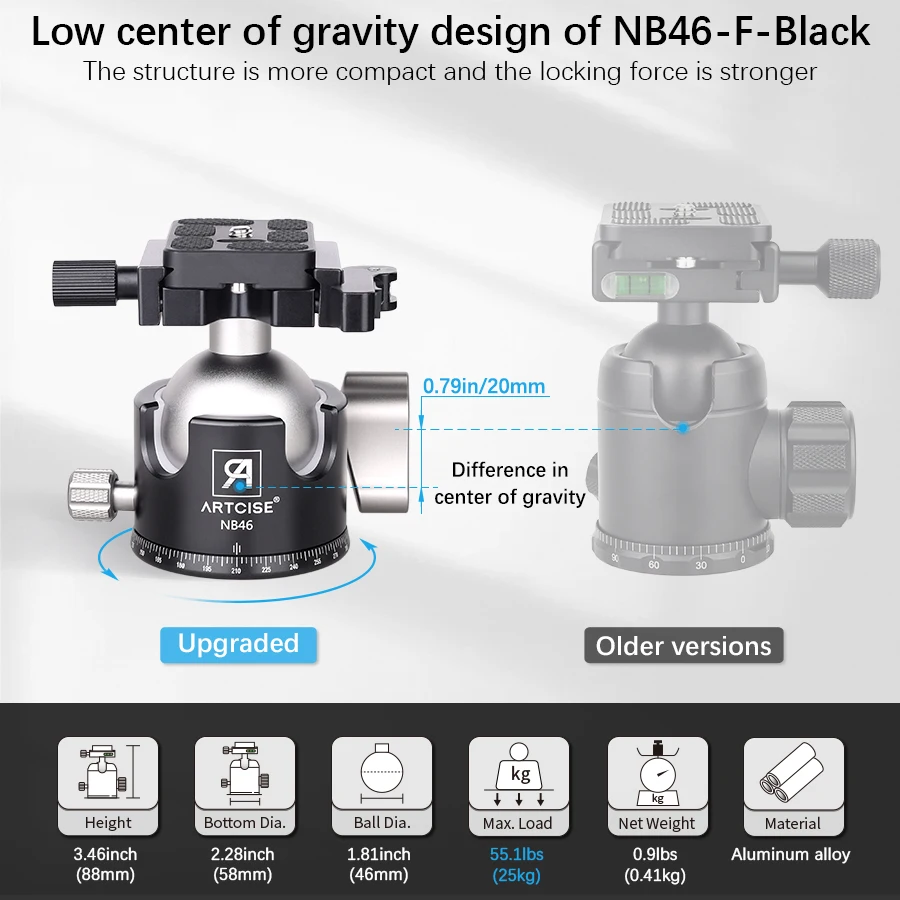 ARTCISE 46 mm Low Profile Double U Desin Kugelkopf mit Hebel-Entriegelungsschloss für Kamera Einbeinstativ DSLR Camcorder Teleskoplast 25 kg – Detail 8