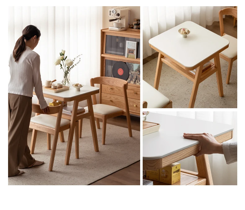 Solid Wood Oak Dining Table Rock Slab Surface Meal Table Small Space Casual Home Dining Table and Chair Set Modern Design