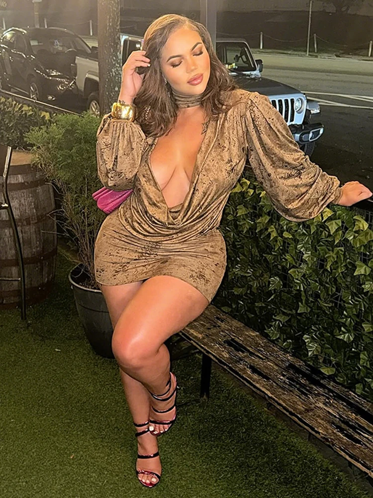 Nibber Swing Collar Mini Dresses Woman Vintage Print Halter Lantern Sleeve Skinny Peach Hip Hottie Street Sexy Fashion Bodycom