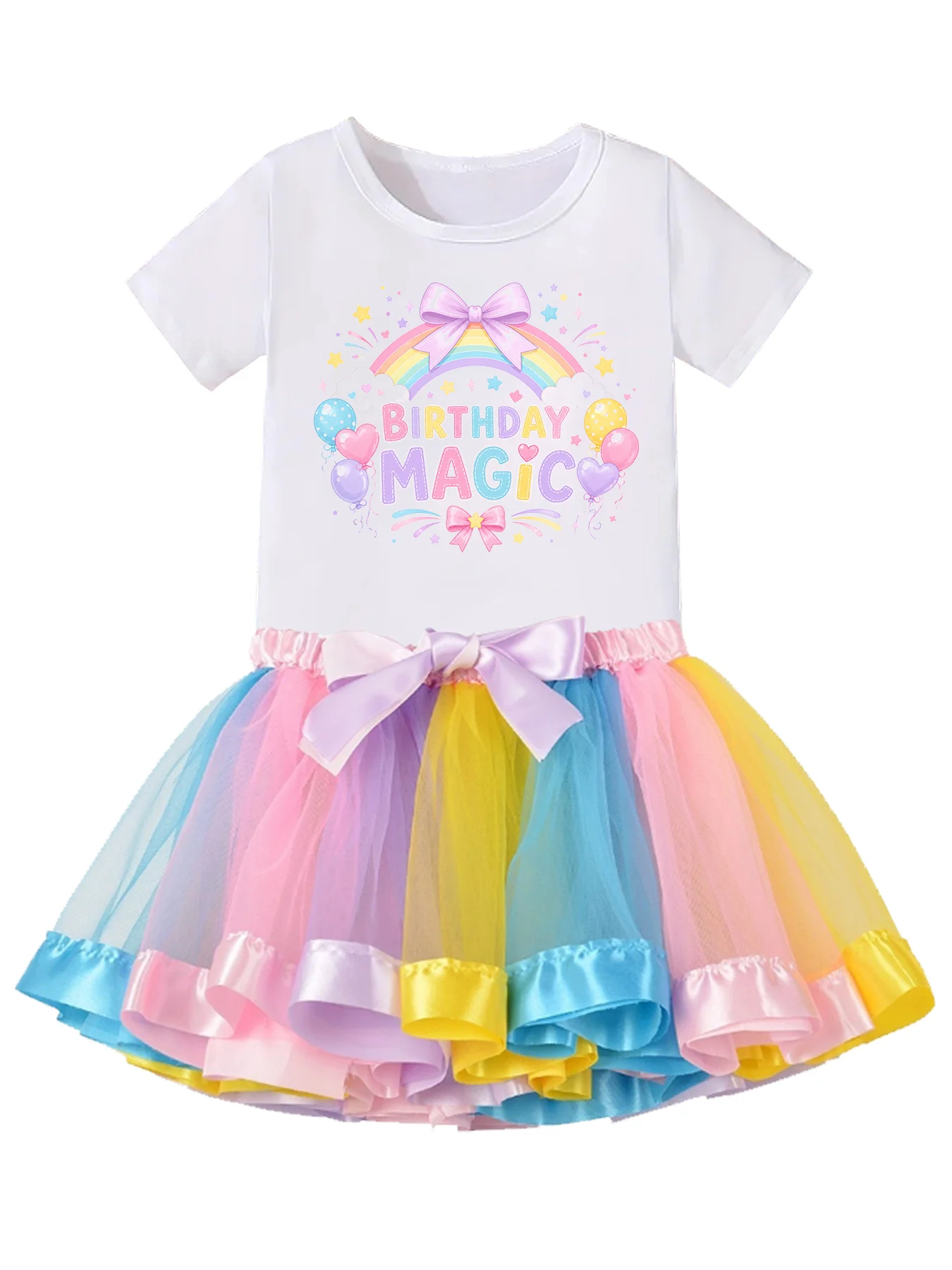 Set di vestiti magici per compleanno per bambini, t-shirt a maniche corte con stampa arcobaleno per ragazze + gonna tutù con fiocco colorato, costume per feste di compleanno per bambini - immagine 2