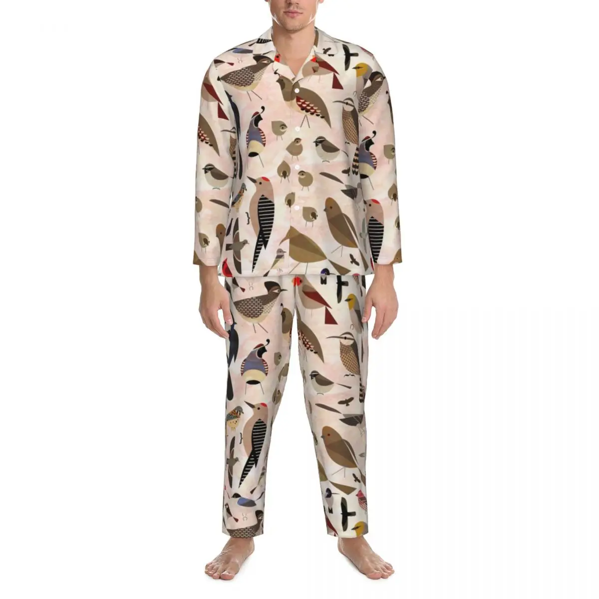 

Sonoran Birds Print Sleepwear Spring Bird Art Retro Oversized Pajamas Set Man Long-Sleeve Soft Room Custom Nightwear