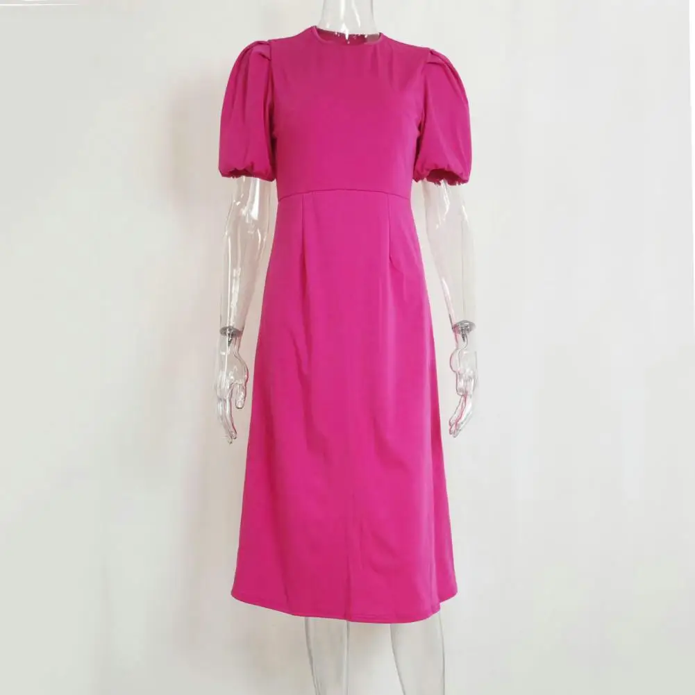 

Lady Prom Midi Dress Lady Evening Dress Elegant Lady Prom Cocktail Midi Dress with Slim Fit Bubble Sleeves Round Neck Flattering