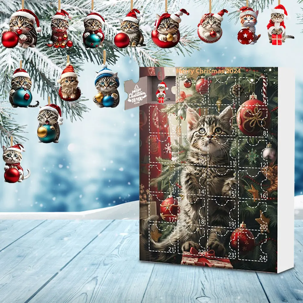 Advent Calendar 2024 Christmas Tree Cat Pendant Cute Christmas Advent Calendar Cat Ornament Calendar Xmas Countdown Calendar