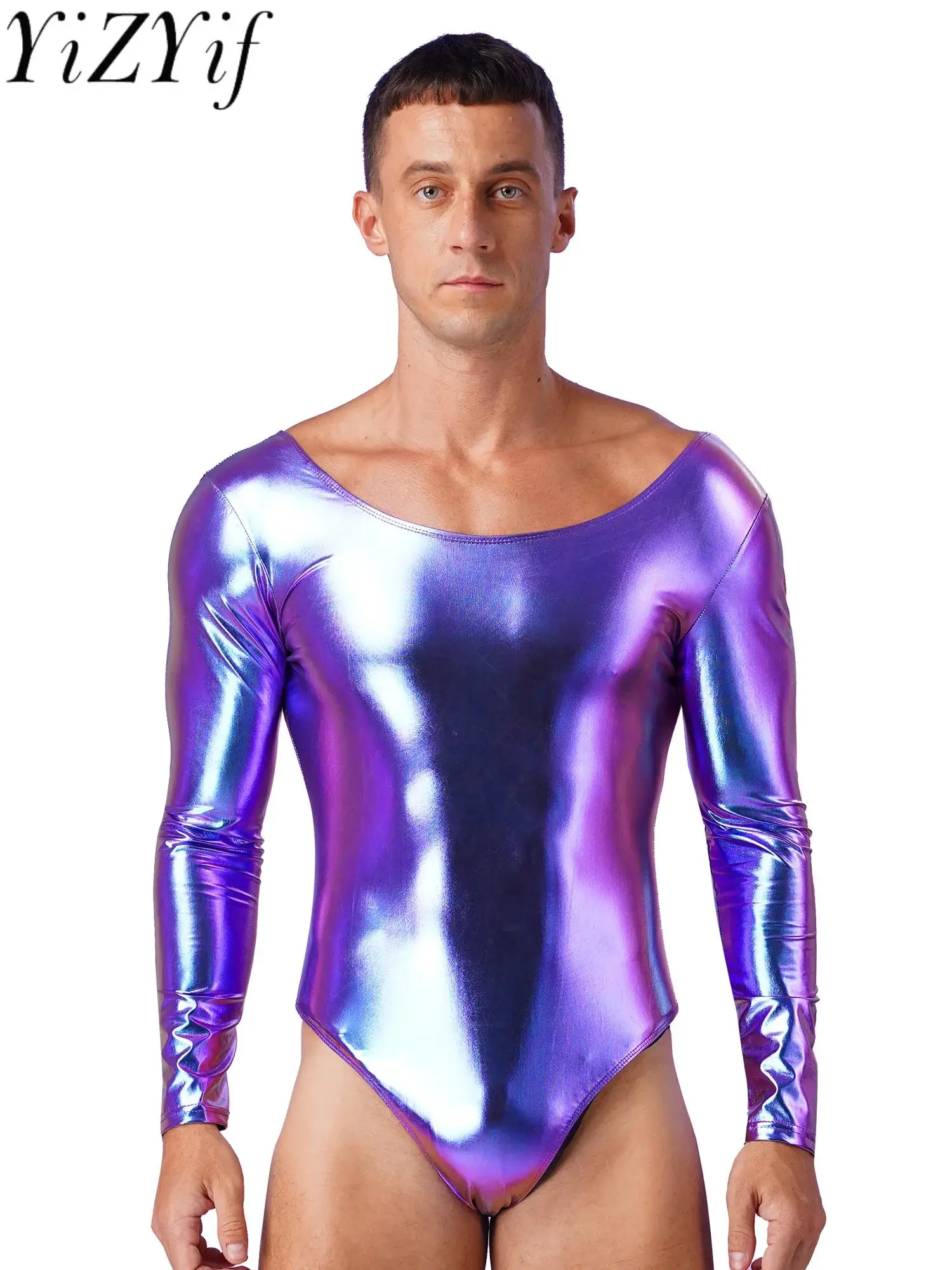 

Men Male Latex Catsuit Wet Look Shiny Patent Leather Romper Jumpsuit One-piece Long Sleeve Bodysuit Underwear Club Stage Costume