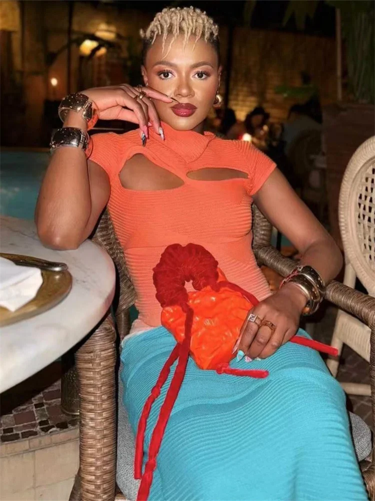 Wmstar Dresses for Women 2025 Wholesale Cross Neck Hollowed Out Black Fringed Knitted  Patchwork Maxi Dress Fashion Street Wear