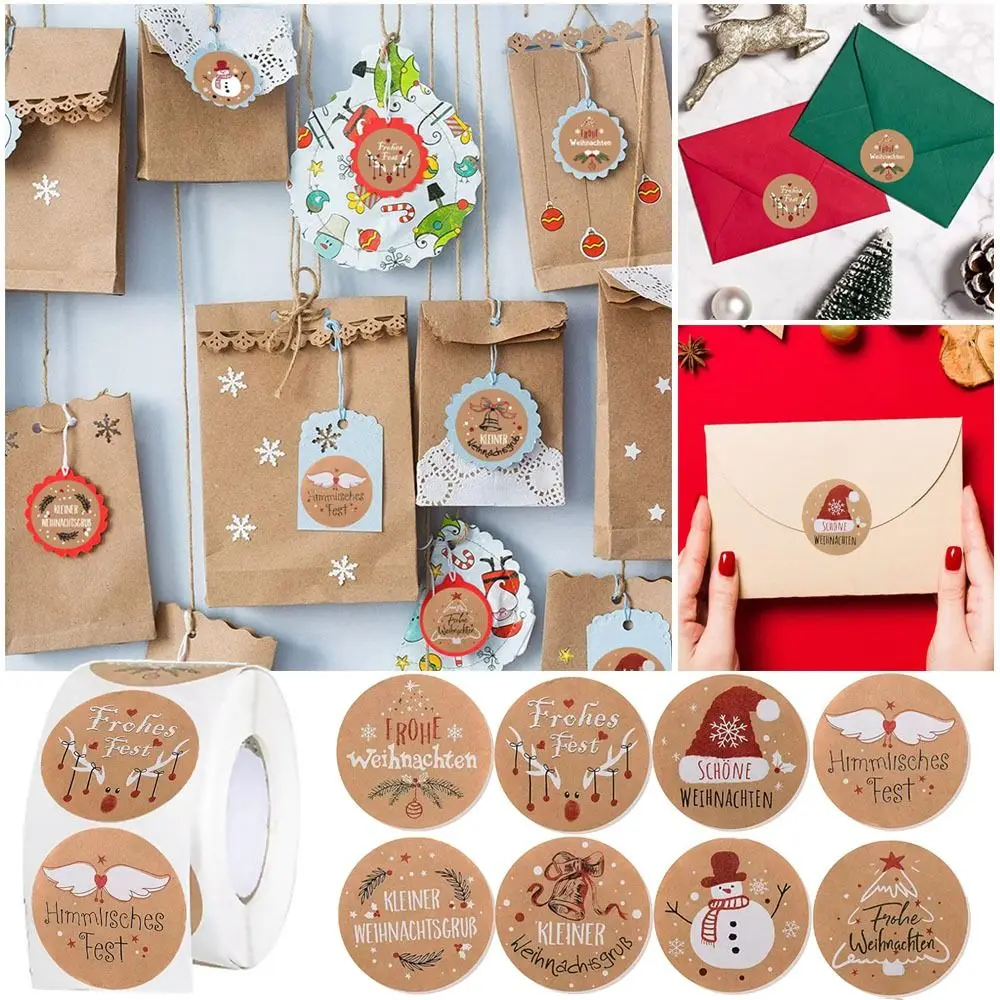 

500PCS Dia. 4CM Merry Christmas Stickers Snowman Bell Kraft Paper Sealing Labels Party Supplies Xmas Tree Gift Wrapping Sticker