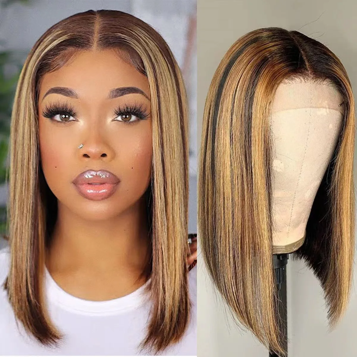 

Highlight Straight Bob Wigs For Women Honey Blonde Mix Brown Highlights Wigs Heat Resistant For Daily Party Use