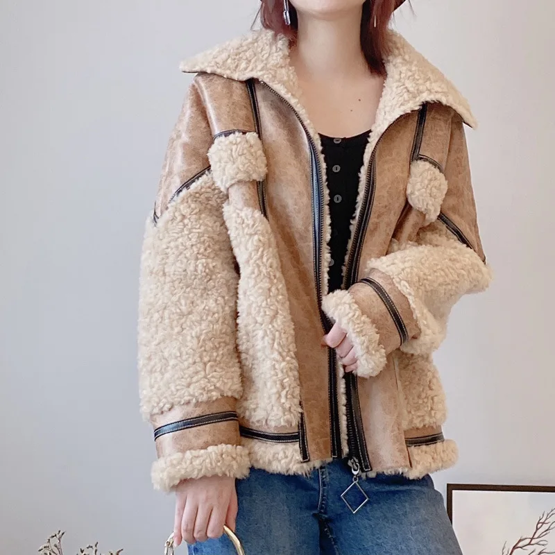 

2024 Autumn/Winter New Haining Motorcycle Pellet All Wool Fur Coat with Women's Sheep Cut Fleece and Combination Leather for