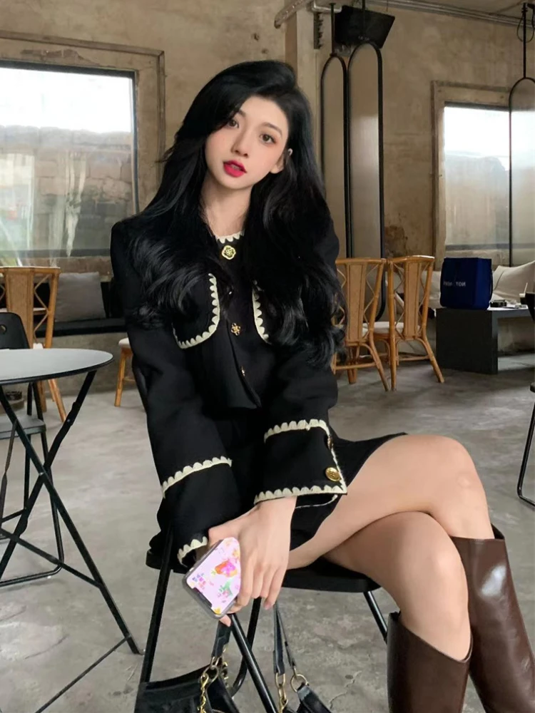 Autumn New Elegant Two-Piece Skirt Sets Women Korean Fashion Chic Crop Jacket Coat Solid Mini Skirt Female Clothing Y2K Outfits