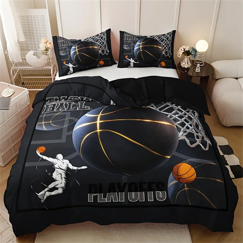3PCS Sports Basketball HD Printed Duvet Cover Set Vibrant Soft Breathable Bedding with 1 Duvet Cover And 2 Pillowcases