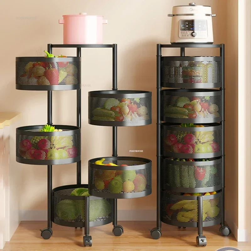 Living Room Multi-functional Cart Rotating Kitchen Trolleys Storage Rack Floor-standing Multi-layer Household Carts with Wheels